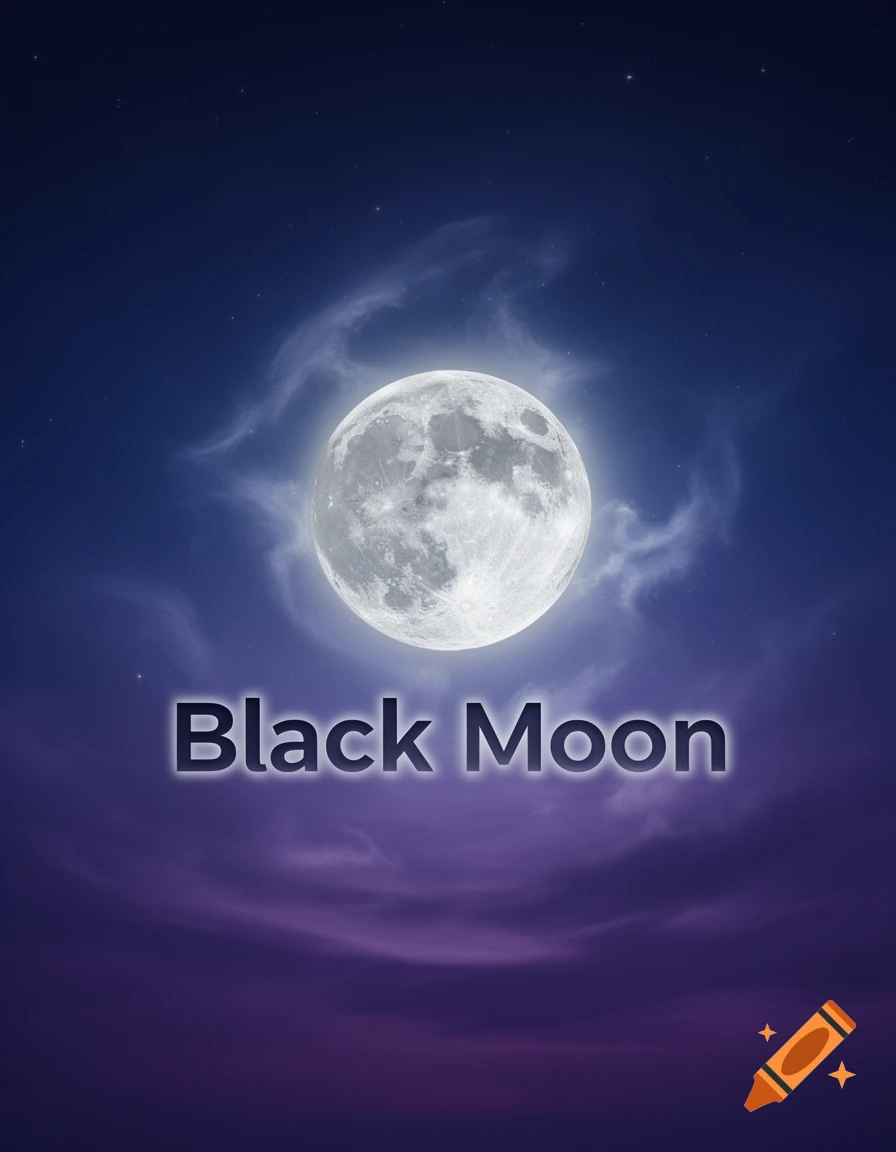 A large bright full moon against a gradient blue and purple night sky with stars and wispy clouds, with the text 'Black Moon' below it.