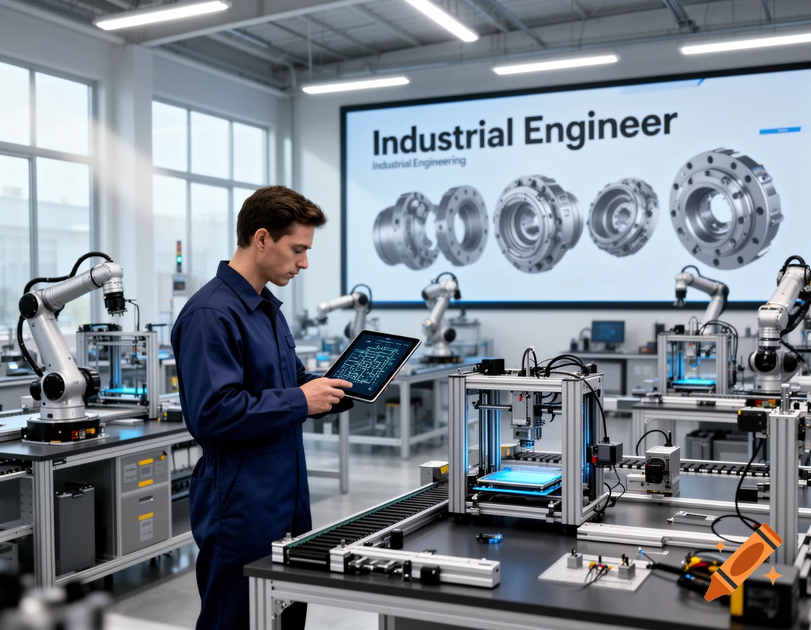 Male industrial engineer in blue uniform holds tablet with circuit diagram in a modern lab with robotic arms and 3D printers. Screen shows 'Industrial Engineer'.