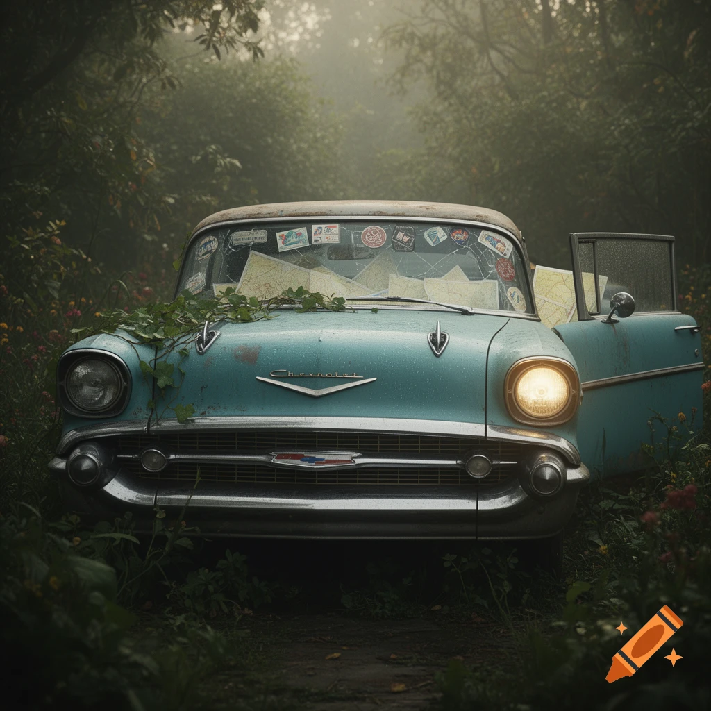 An old, light blue Chevrolet car, overgrown with vines, sits abandoned in a misty forest, its windshield filled with maps.