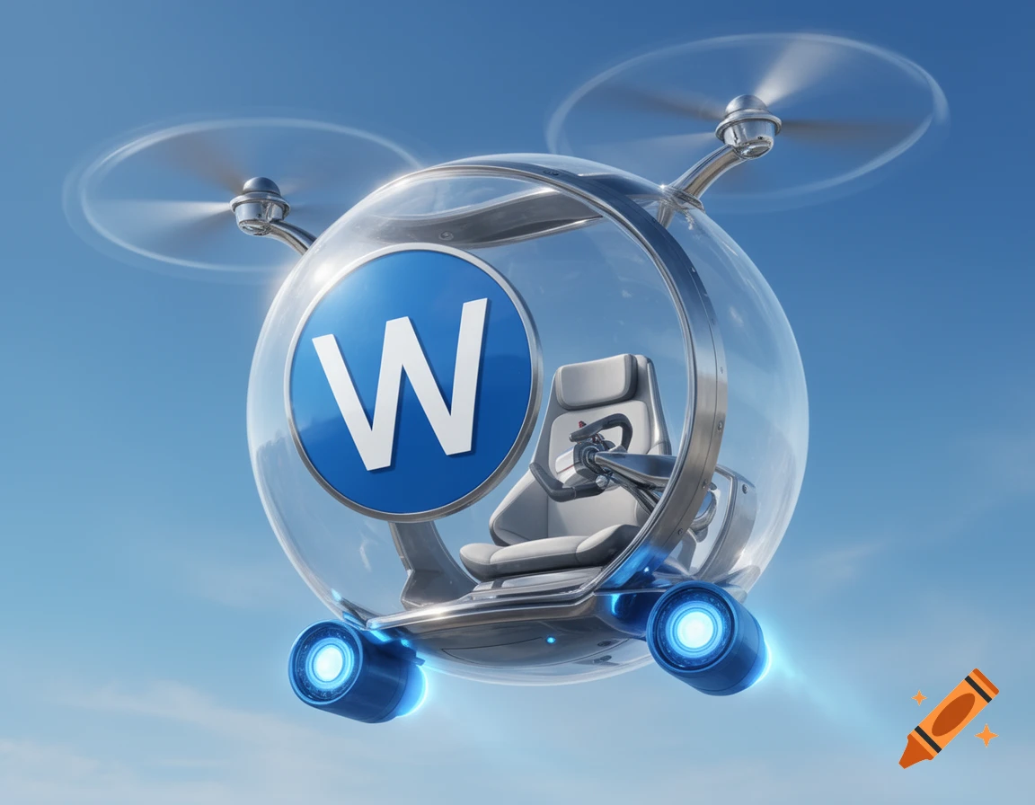 A futuristic clear bubble flying machine with shiny metal propellers, blue boosters, an interior seat, and a blue 'W' logo on the front against a blue sky.