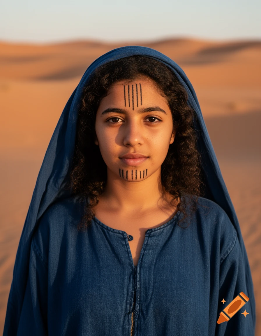 Photorealistic portrait of a young Amazigh woman in a blue veil, traditional clothing, and face tattoos, looking forward in a desert.