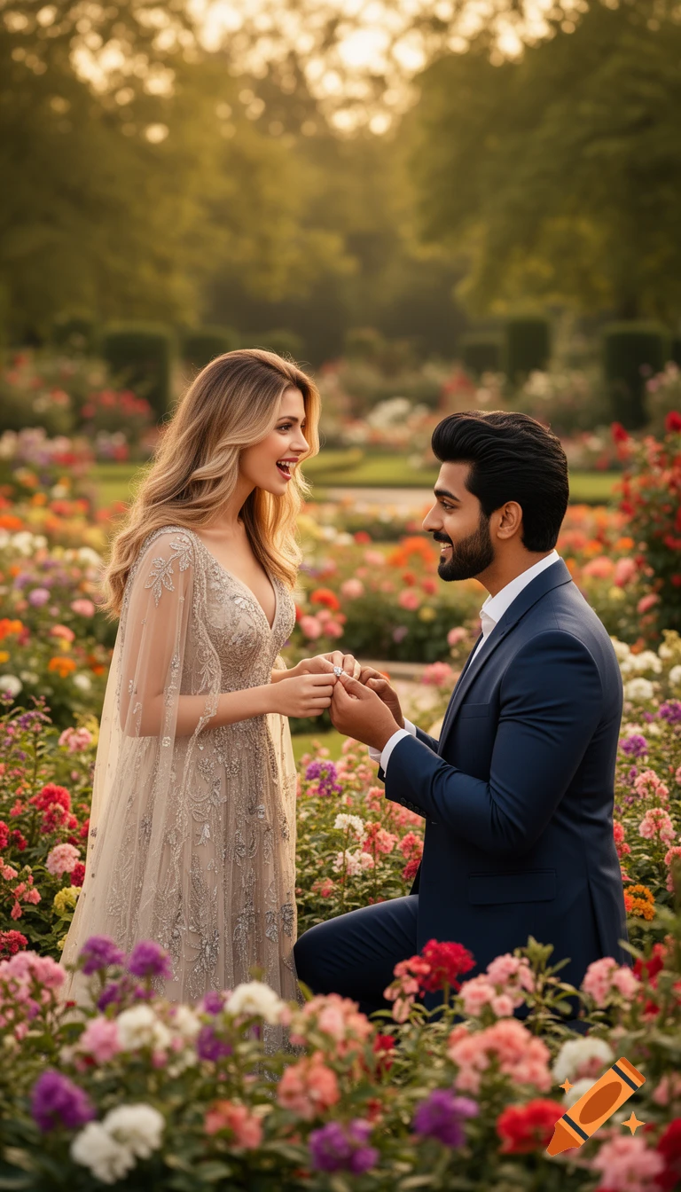 A man proposes to a smiling woman in a colorful flower garden at sunset, holding a ring while on one knee. Photorealistic.