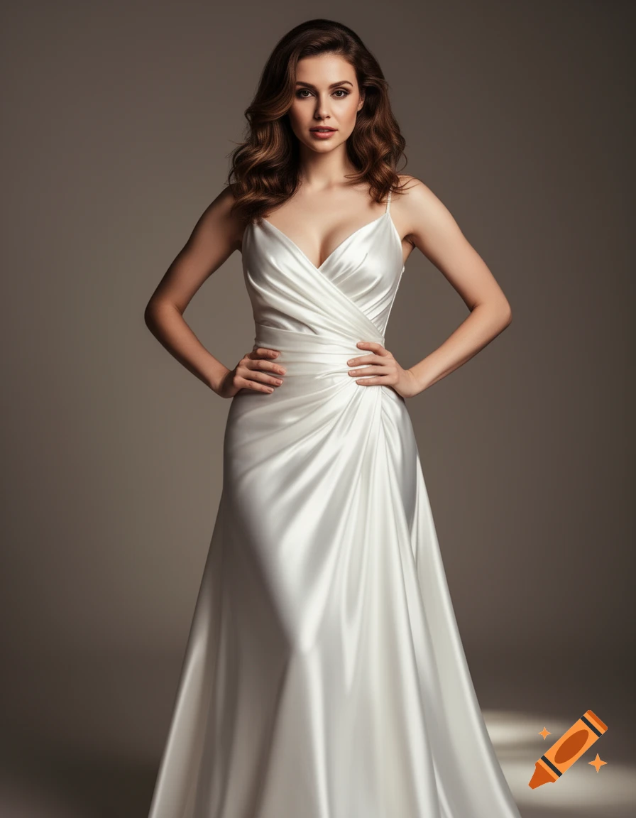 A photorealistic image of a woman with wavy brown hair posing confidently in a flowing white satin dress with elegant draping.
