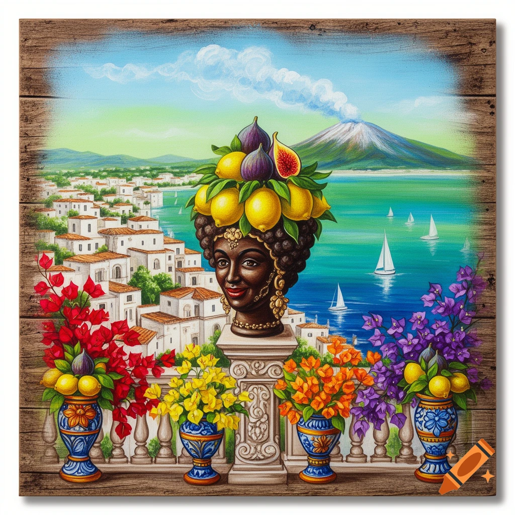 Decorative painting of a 'testa di moro' bust with fruit, on a baroque terrace with flowers, overlooking a Sicilian coastal town, sea, and Mount Etna.