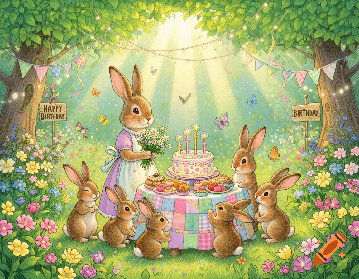 An illustrated rabbit family celebrates a birthday in a vibrant garden with cake, treats, and signs saying 'Happy Birthday'.