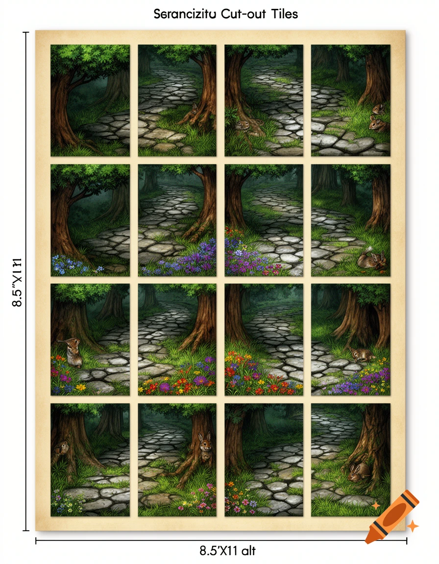 A sheet of 16 cut-out tiles showing a winding cobblestone path through a forest with trees, grass, flowers, and small animals.