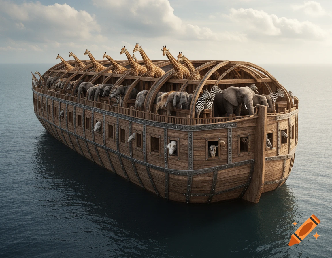 Noah's Ark on calm water, filled with pairs of animals including giraffes, elephants, and zebras, under a cloudy sky.