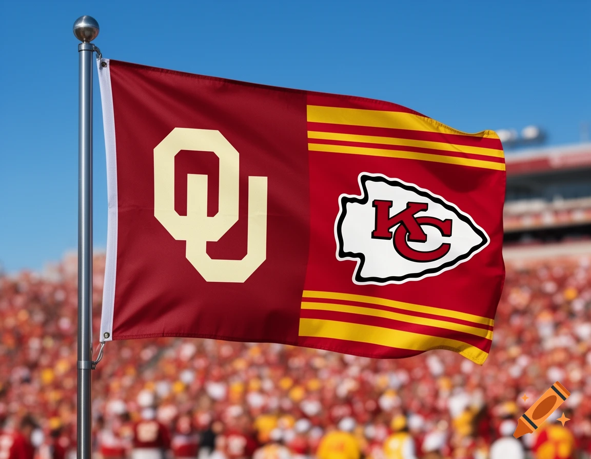 A flag featuring the Oklahoma Sooners 'OU' logo and the Kansas City Chiefs 'KC' arrowhead logo waving over a blurred stadium crowd.
