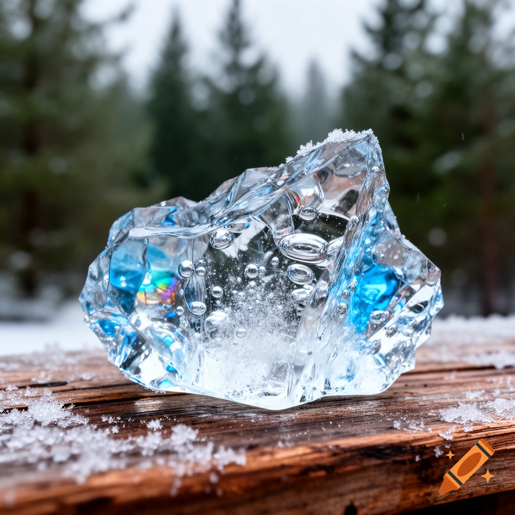 A photorealistic close-up of a fractured chunk of clear ice with bubbles and iridescent reflections on a snowy wooden surface.