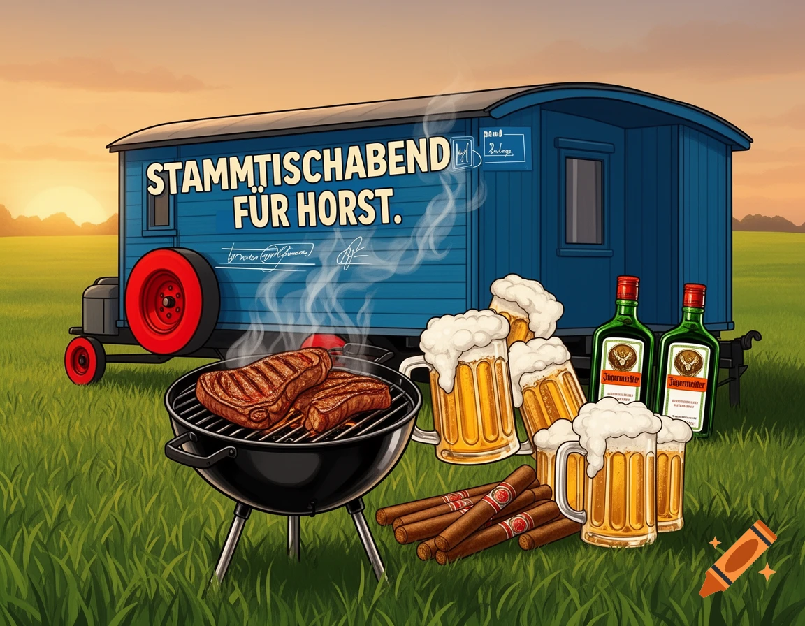 Cartoon of a blue wagon with "STAMMTISCHABEND FÜR HORST." text, grill with steaks, beer mugs, Jägermeister, and cigars in a field.