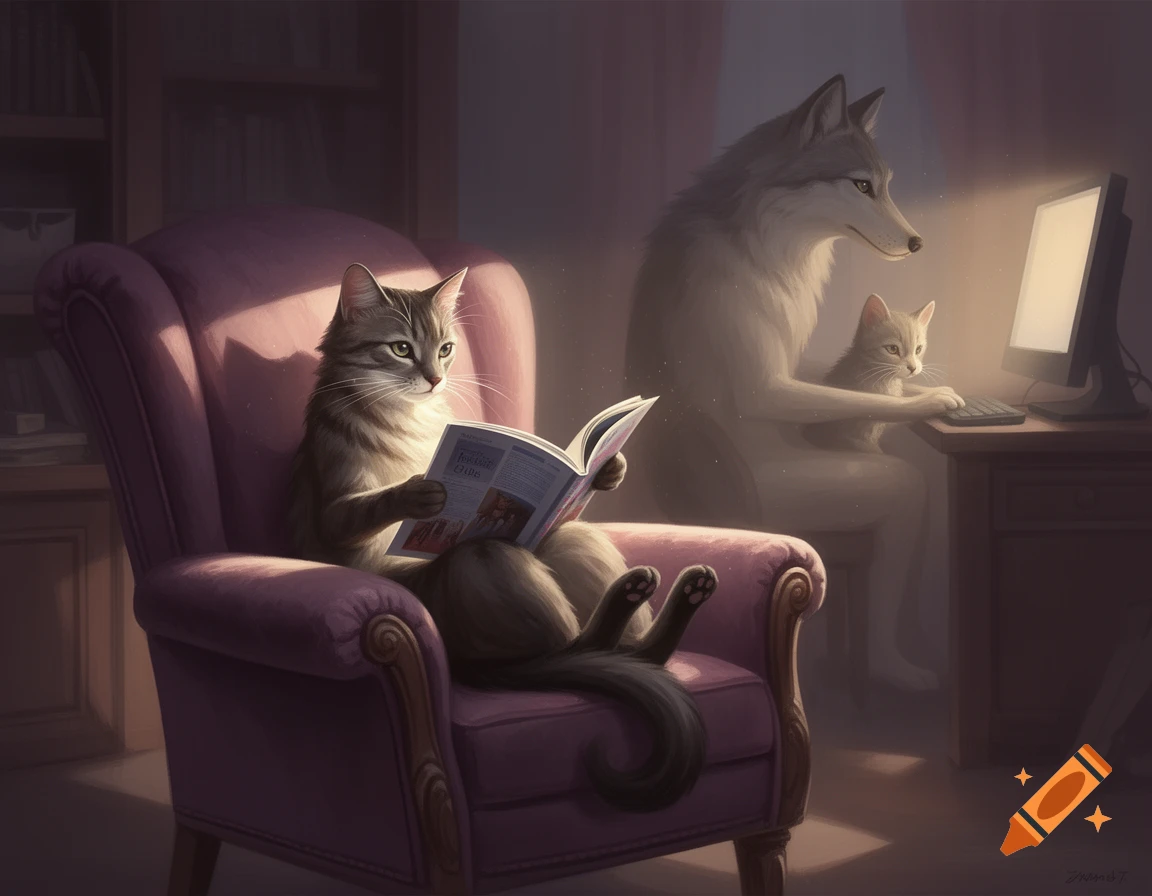 A painting of an anthropomorphic tabby cat reading a magazine in an armchair, while a blurred wolf and kitten use a computer in the background.
