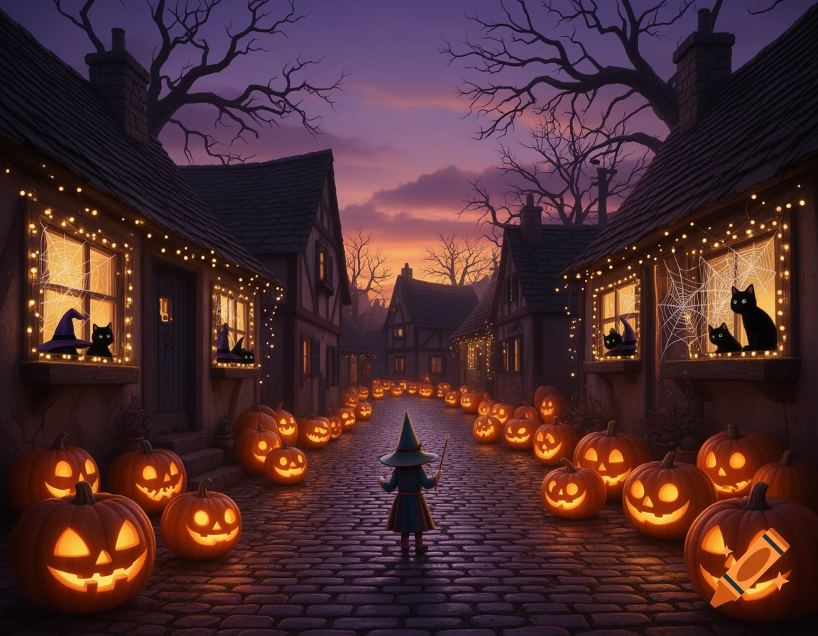 A child witch on a cobblestone street lined with glowing jack-o'-lanterns and houses decorated with lights, spiderwebs, and black cats for Halloween.