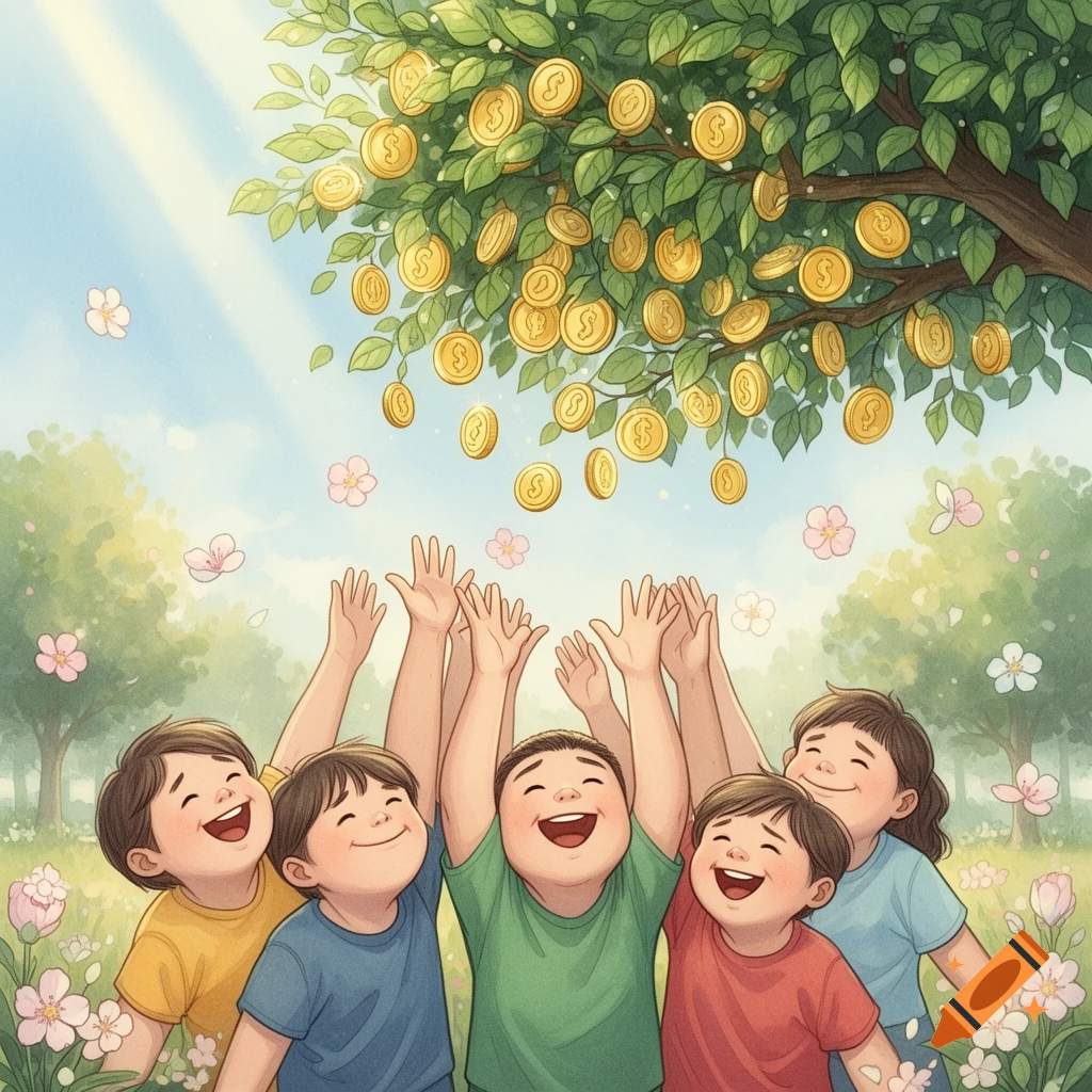 Joyful children reach for golden coins falling from a money tree in a vibrant cartoon illustration.