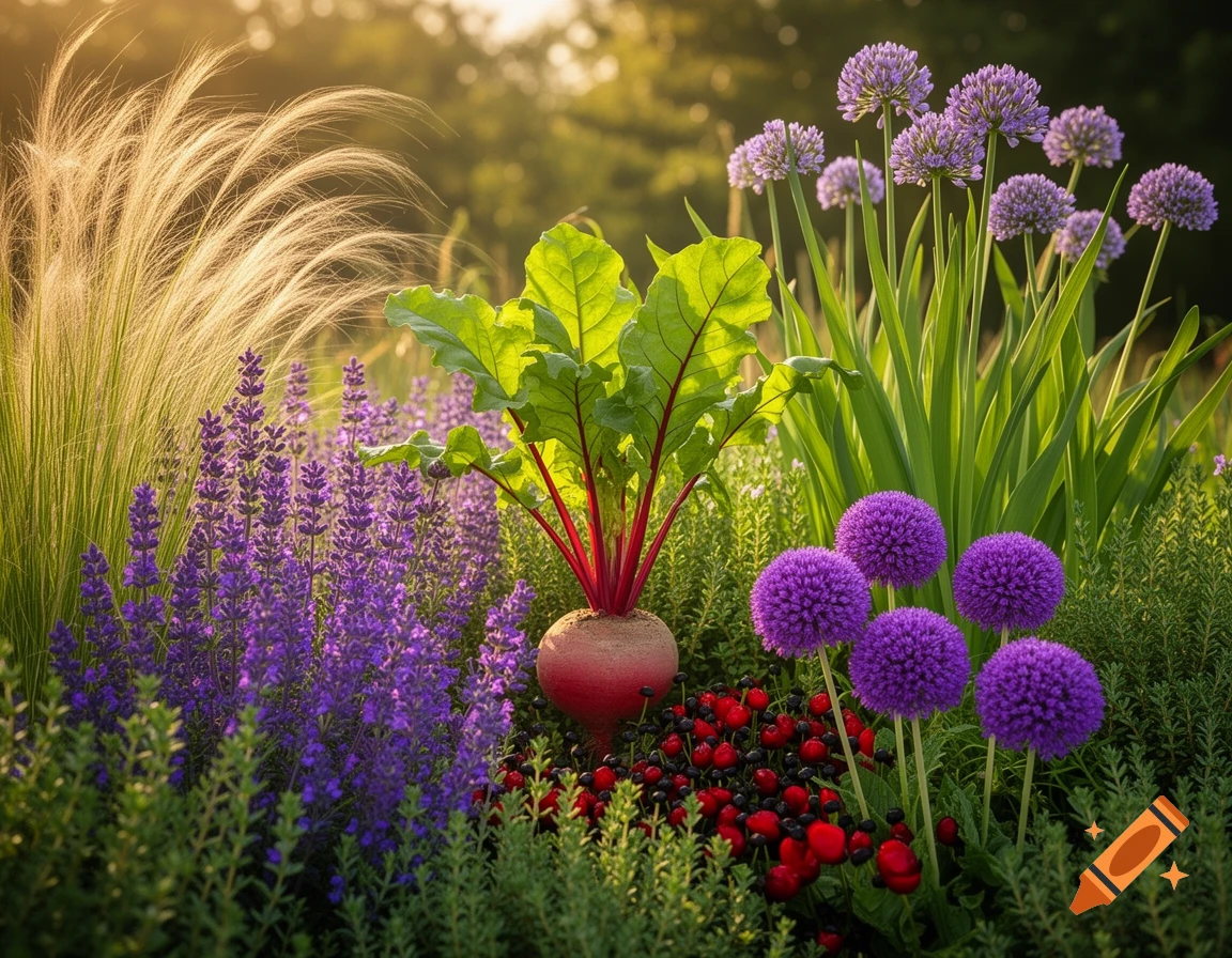 A vibrant garden scene with a beet, purple allium flowers, lavender, and feathery grass under warm sunlight.