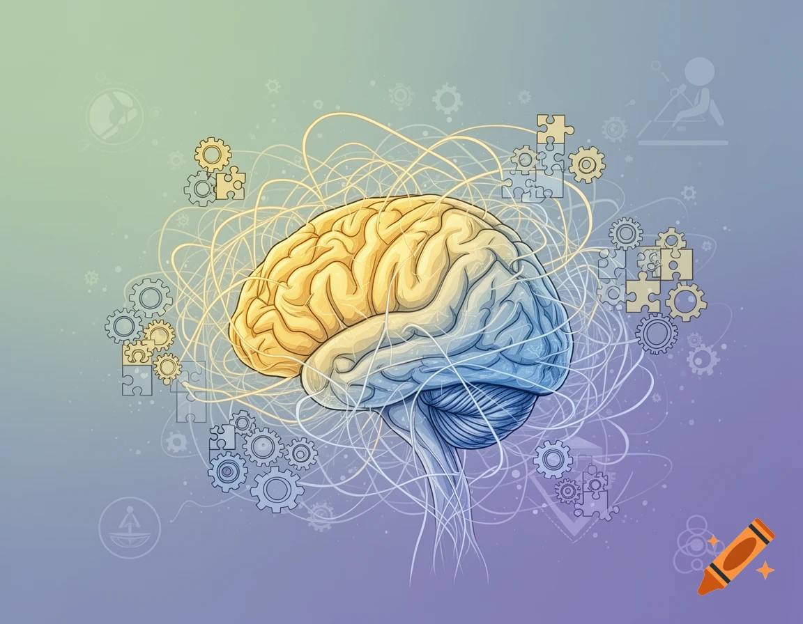 Illustration of a human brain, yellow and blue, surrounded by abstract lines, gears, and puzzle pieces on a gradient background.