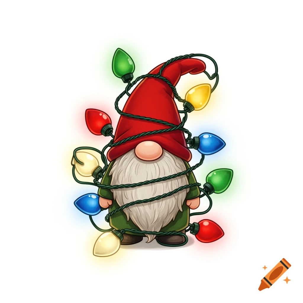 Cartoon illustration of an adorable gnome in a red hat with a fluffy beard, tangled in colorful Christmas lights, on a white background.