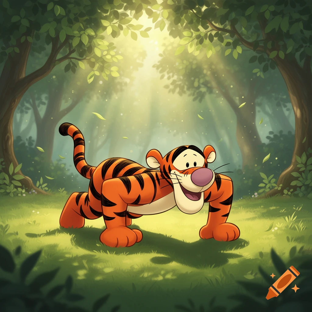 A cheerful cartoon Tigger doing push-ups on green grass in a sunny, stylized forest clearing.
