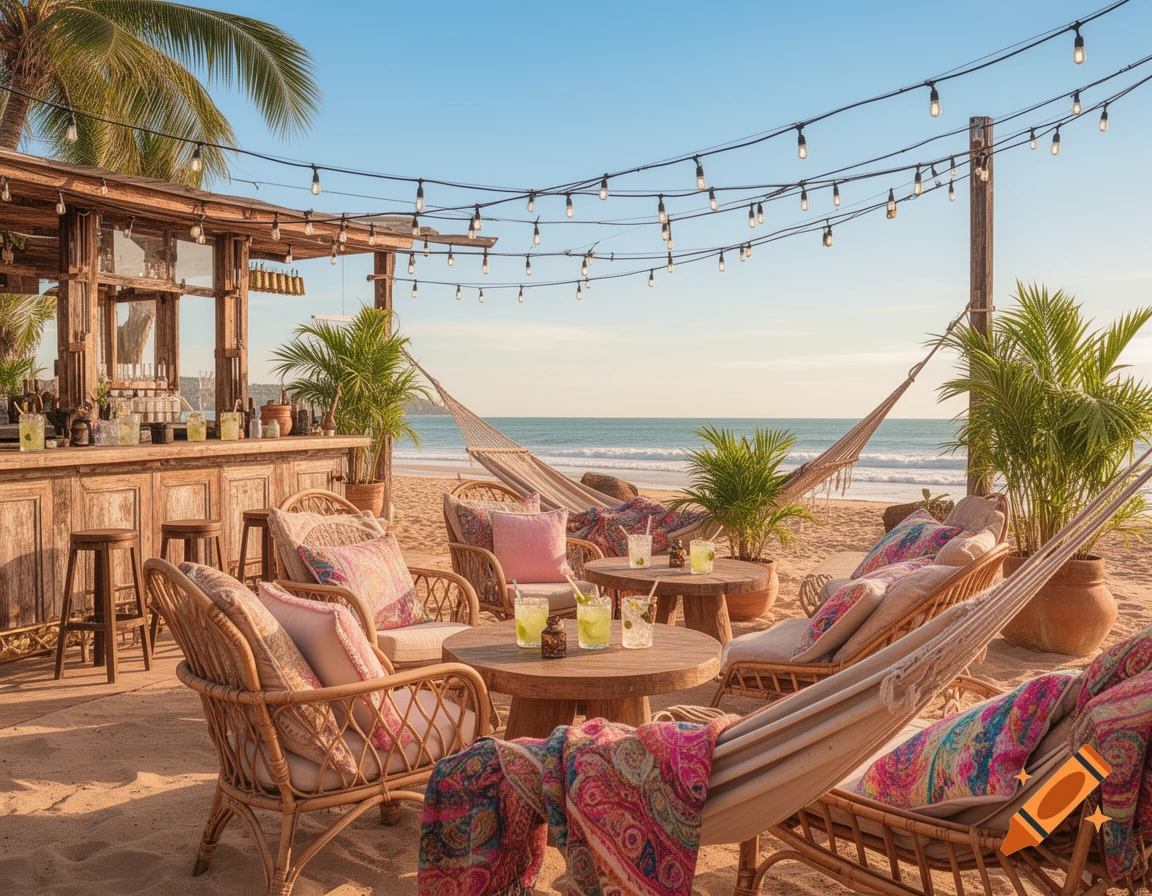 A bohemian beach bar with rattan furniture, hammocks, and string lights on a sandy beach next to the ocean.
