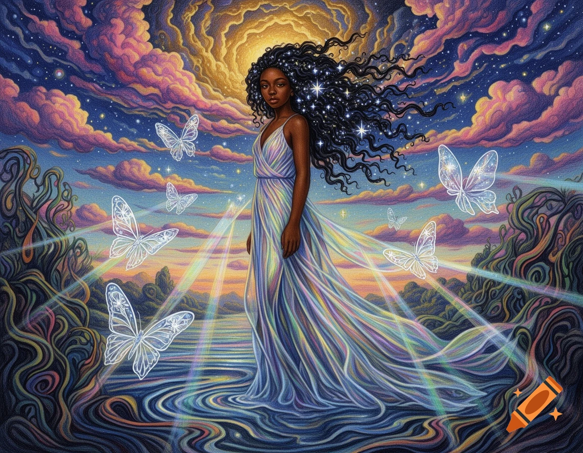 A Black woman with long, star-filled curly hair stands in a flowing, rainbow-striped dress amidst a surreal landscape of glowing butterflies, vibrant clouds, and colorful light rays over water.