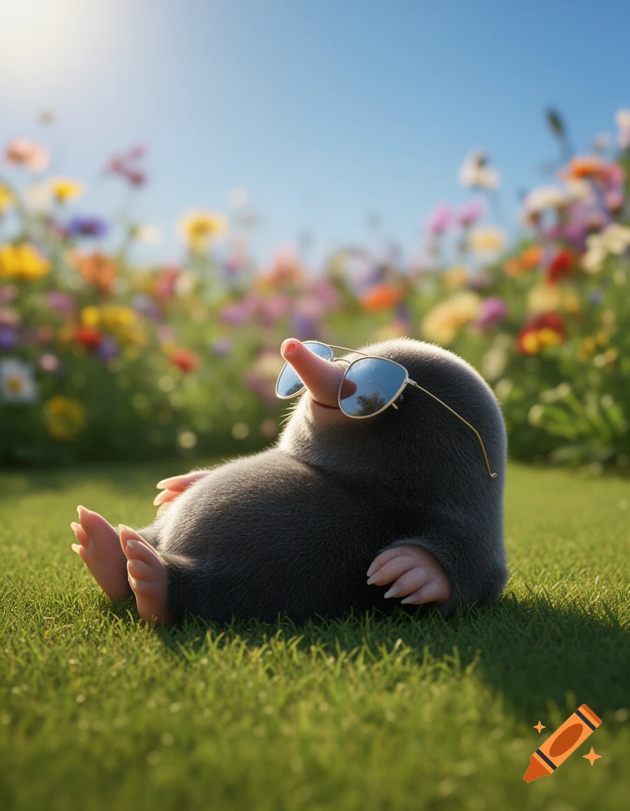 A cute, photorealistic mole wearing sunglasses reclines in a sunny green field with colorful wildflowers.