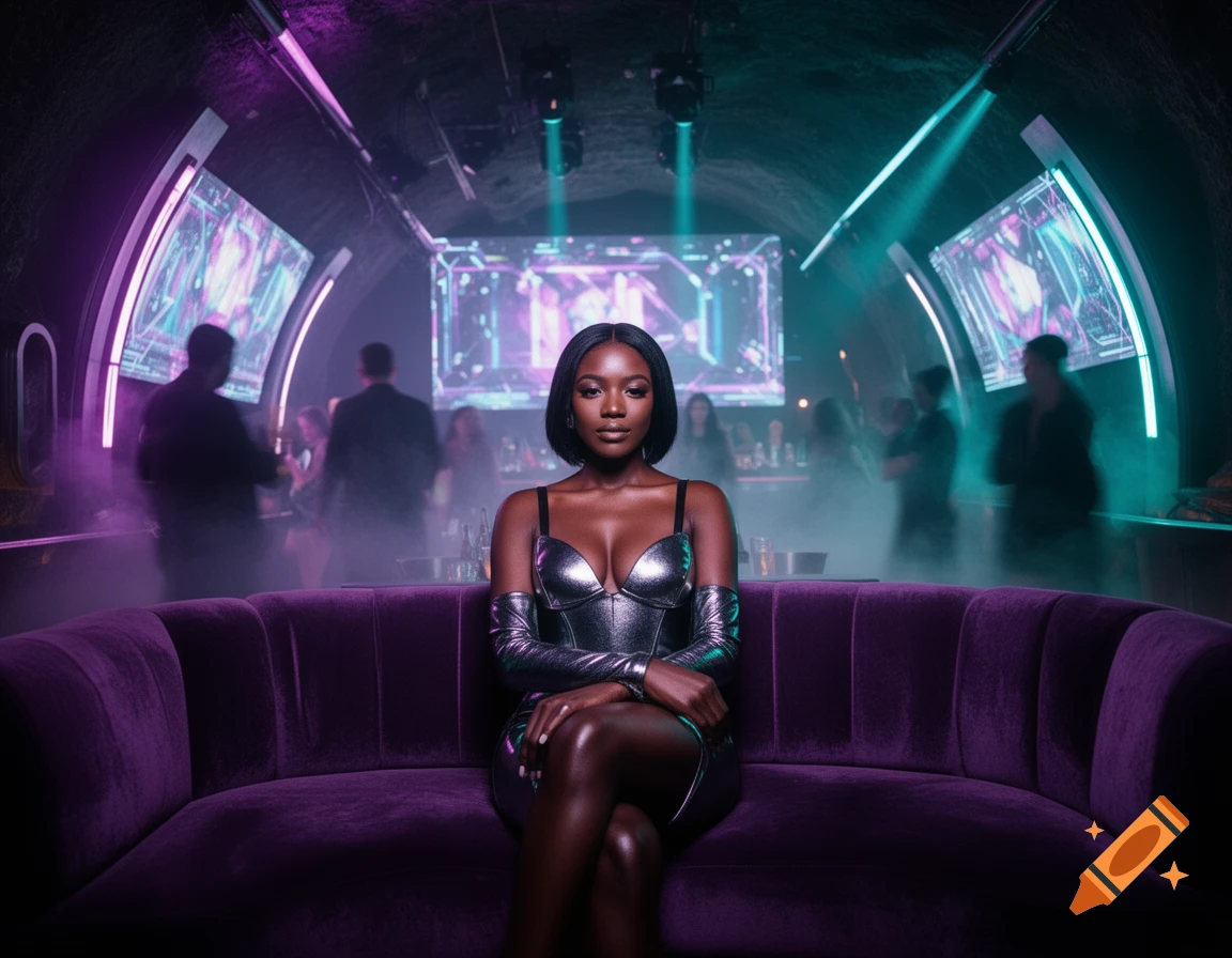 A striking black woman in a metallic silver outfit sits on a purple velvet couch in a smoky, neon-lit futuristic nightclub.