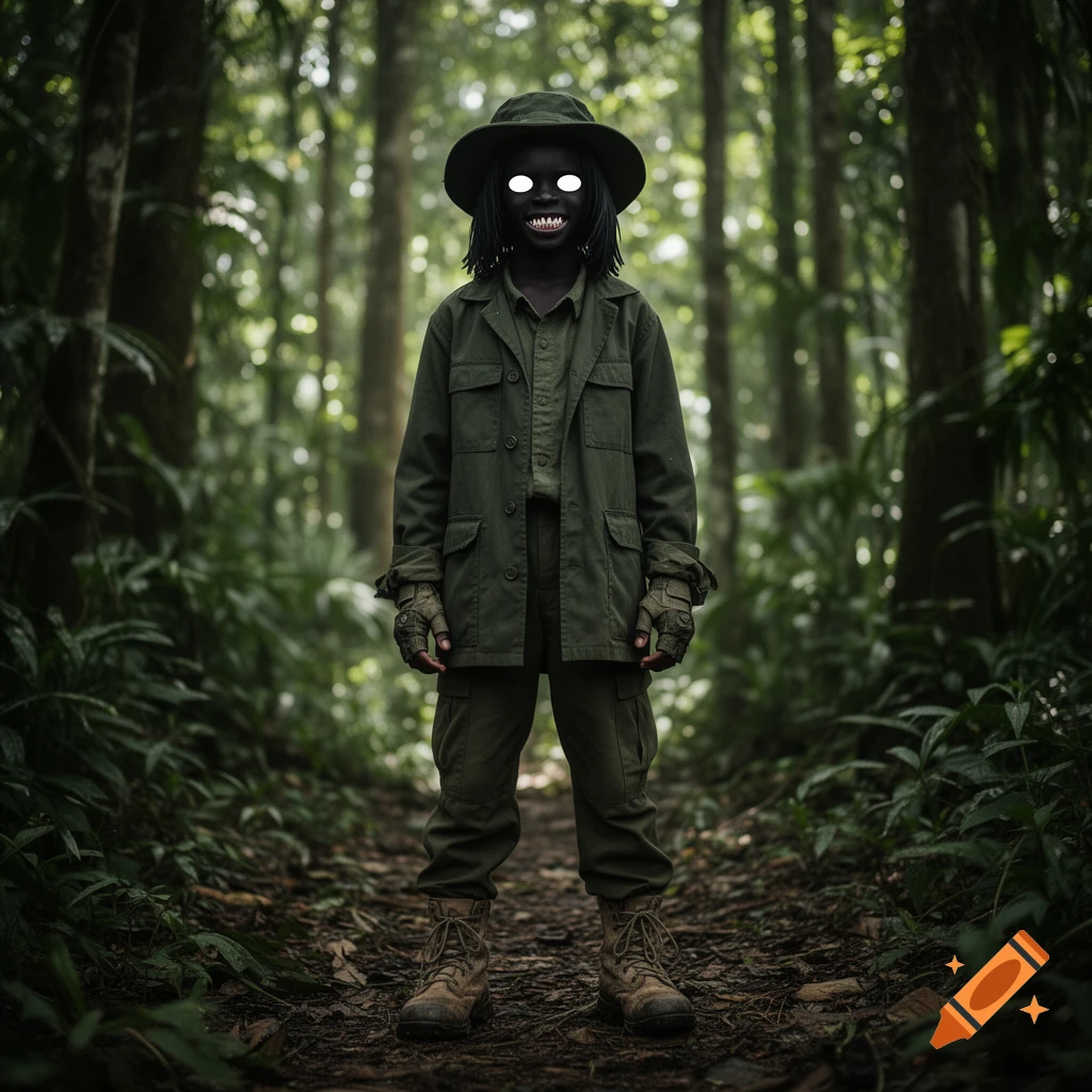 Figure with a black face, glowing white eyes, and sharp teeth, in military uniform and boonie hat, stands in a jungle.