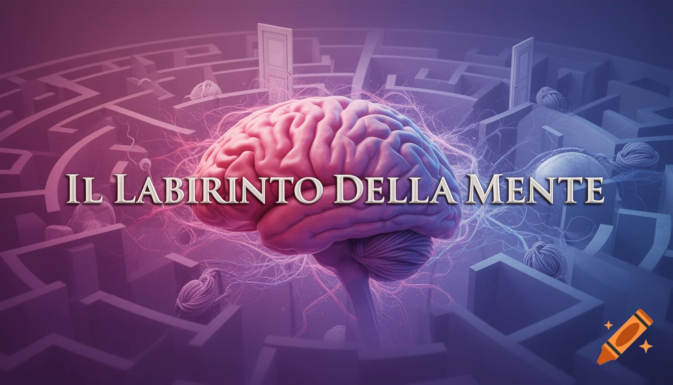 A stylized human brain at the center of a complex maze, illuminated with pink, purple, and blue hues, with the title "IL LABIRINTO DELLA MENTE".
