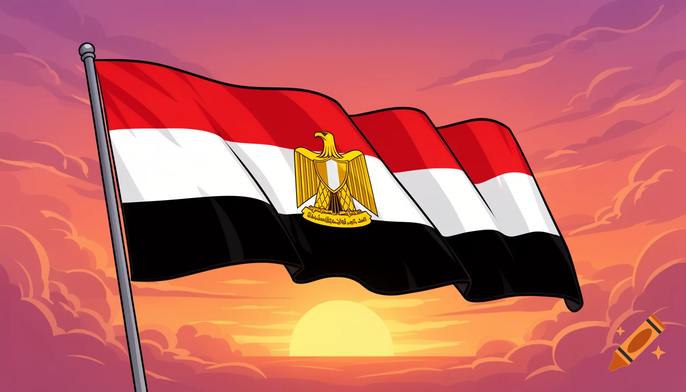 A vibrant cartoon style Egyptian flag waves against a warm sunset sky with orange, pink, and purple clouds.