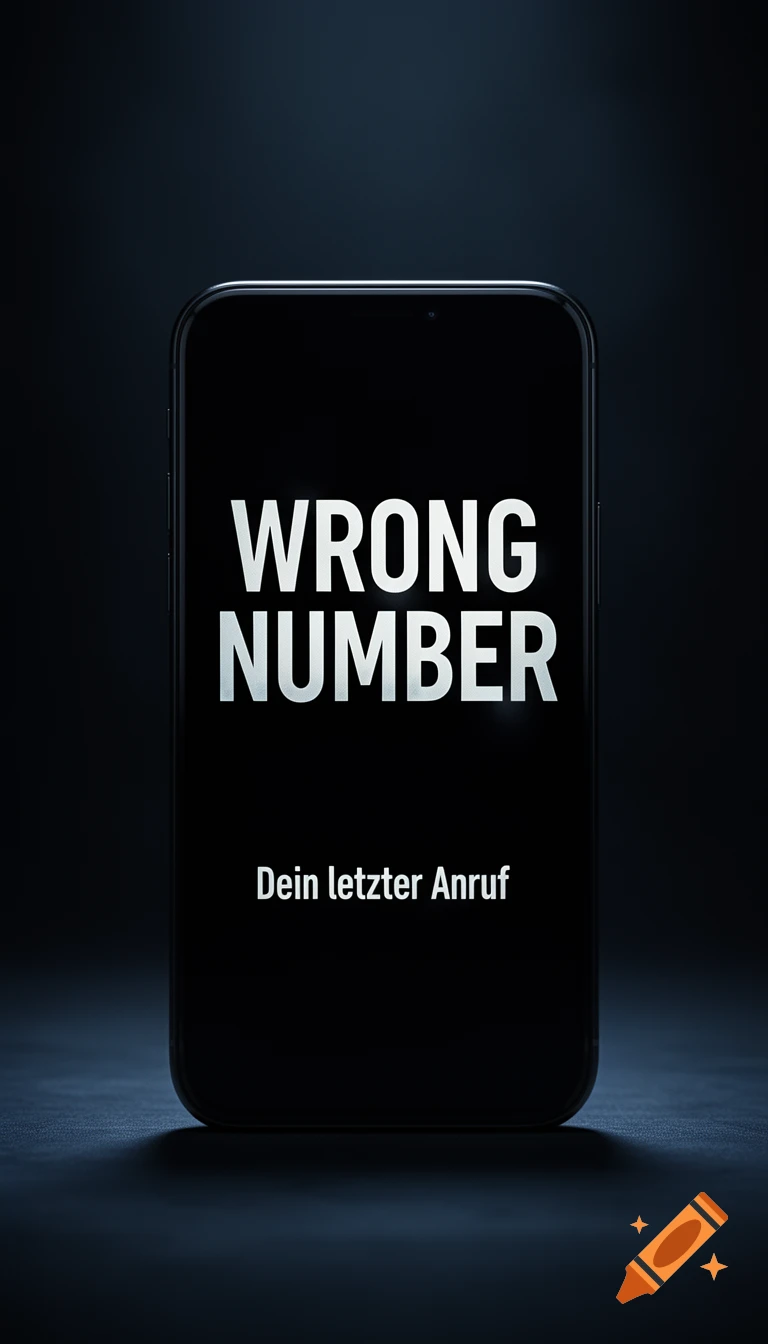A dark, minimalist image shows a black smartphone screen displaying 'WRONG NUMBER' and 'Dein letzter Anruf' in white text.