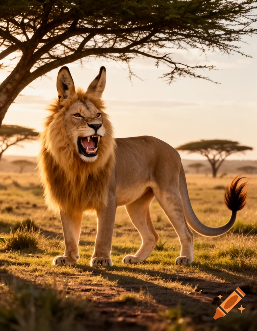 A majestic lion-like creature with long donkey ears, a flowing mane, and a kangaroo-like tail, roars in a sunlit savanna at sunset, with acacia trees in the background.