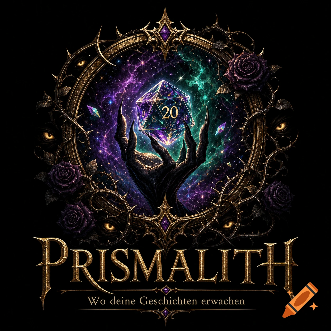 Dark fantasy logo with a clawed hand holding a glowing d20 dice in a thorny, gold-framed nebula, with 'PRISMALITH' text.