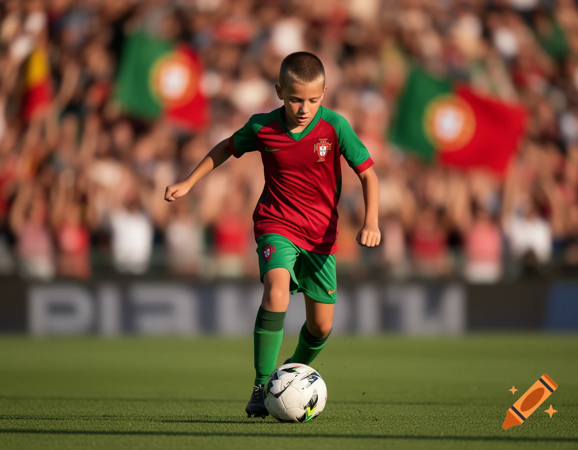 A young boy in a red and green Portugal soccer uniform dribbles a ball on a green field, with blurred crowds and Portuguese flags in the background.
