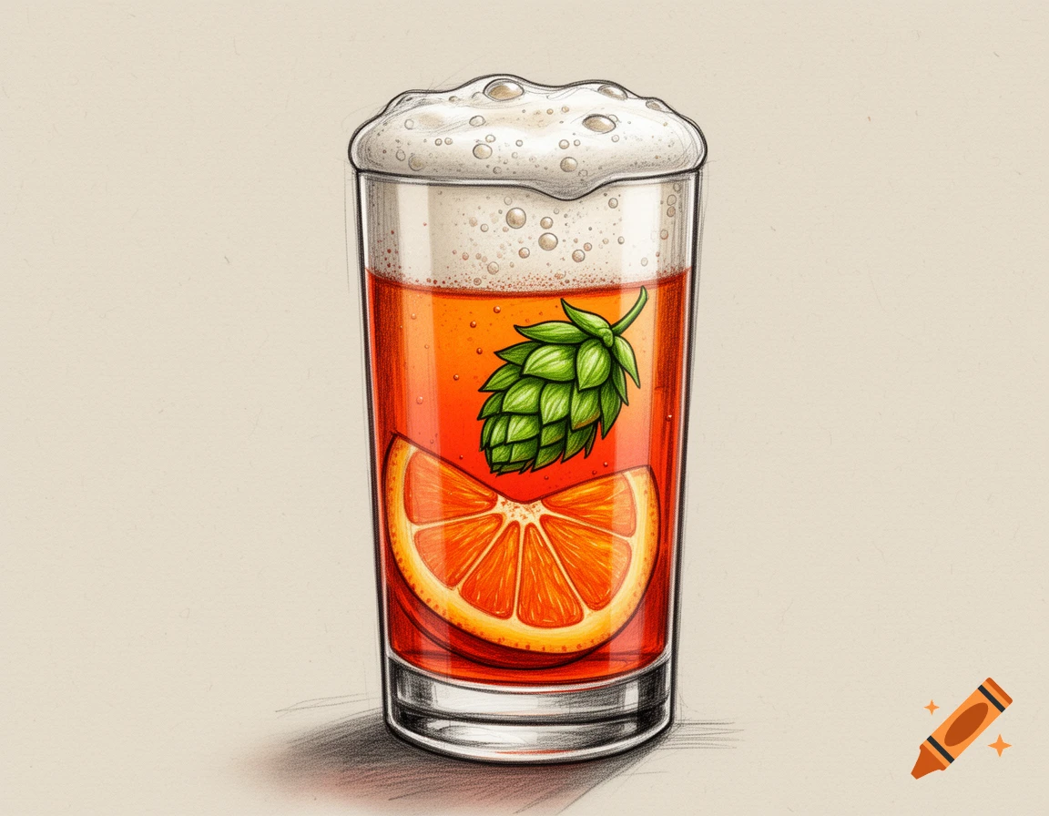 Hand-drawn illustration of an orange-red drink with foam, an orange slice, and a hop cone in a glass.