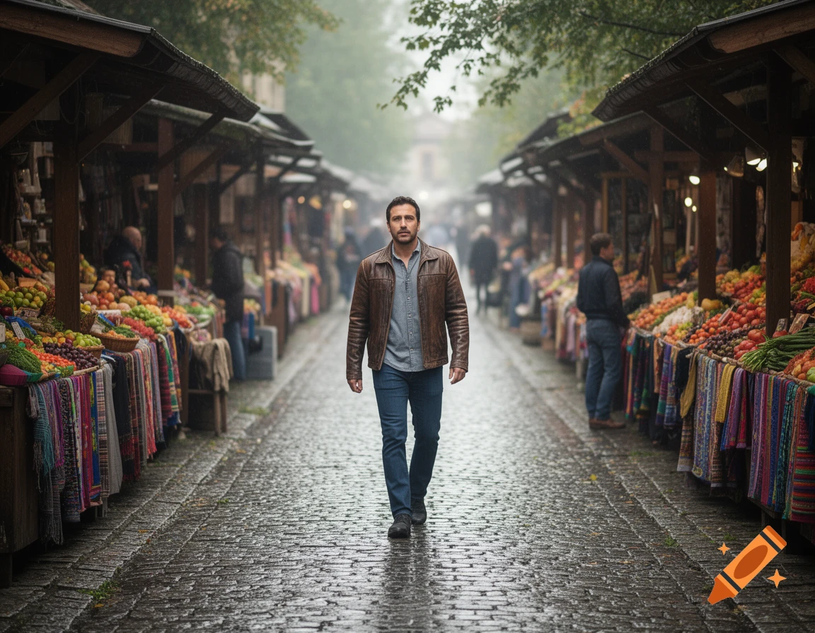 A man in a brown leather jacket and jeans walks down a wet cobblestone street lined with market stalls selling colorful produce and textiles.