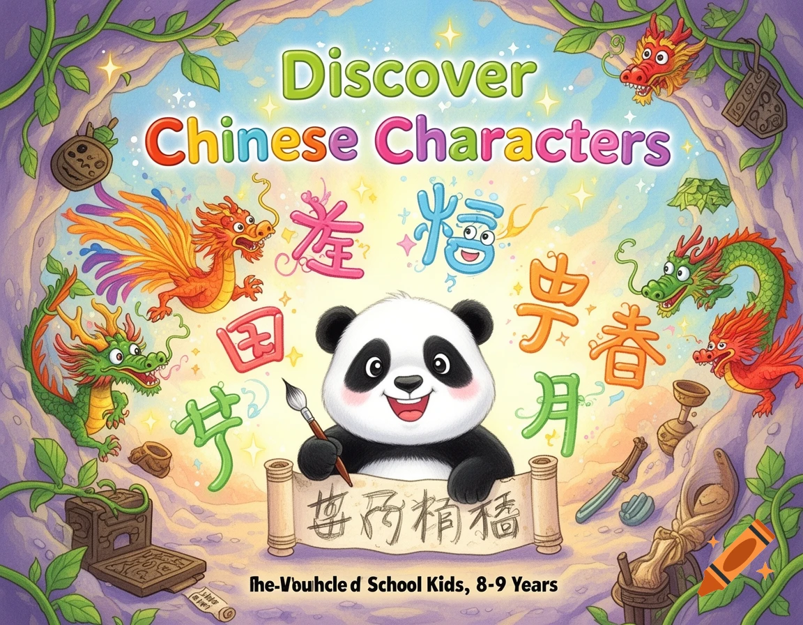 A colorful, child-friendly illustration of a smiling panda holding a scroll, surrounded by dragons, vines, and sparkling Chinese characters, with a title that reads "Discover Chinese Characters".