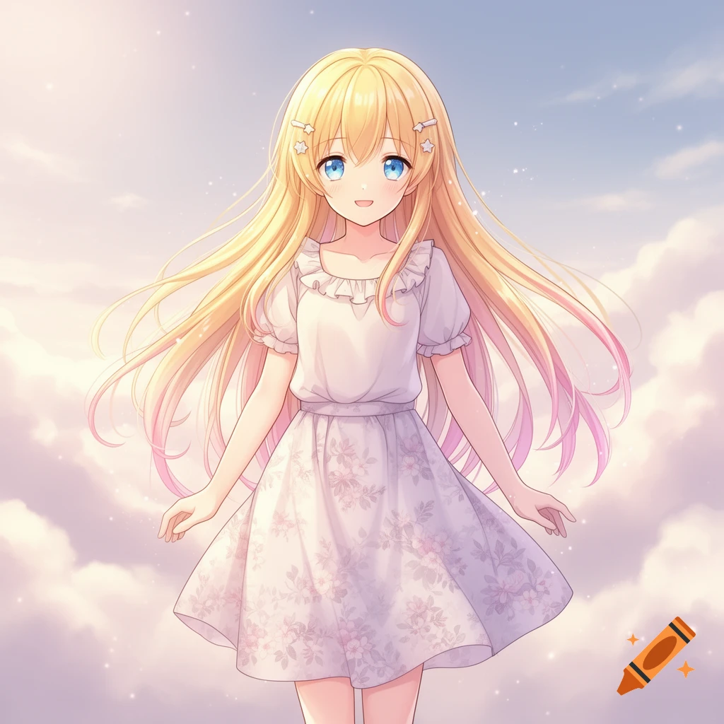 A cute anime girl with long blonde hair and blue eyes, wearing a white floral dress, smiles against a soft pastel sky.
