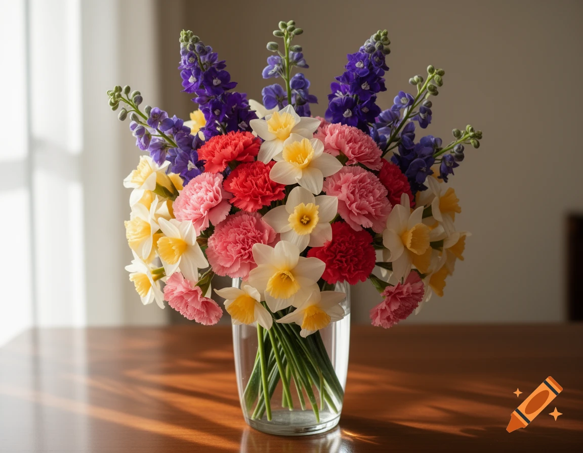A vibrant photorealistic bouquet of pink and red carnations, white and yellow narcissus, and purple larkspur in a glass vase on a wooden table with dappled sunlight.