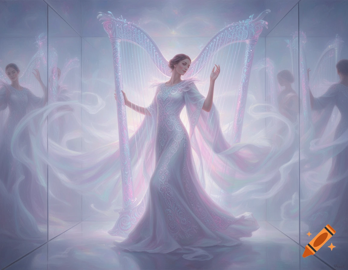 A woman in a flowing white dress with large, shimmering harp-like wings stands in a reflective, ethereal space, surrounded by soft light and reflections.
