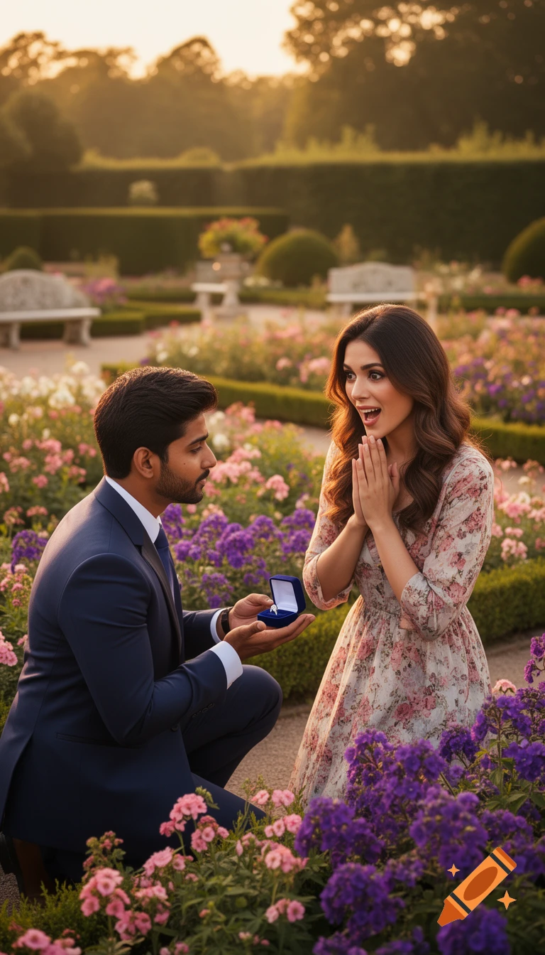 A man proposes to a surprised woman in a vibrant flower garden at sunset, photorealistic.