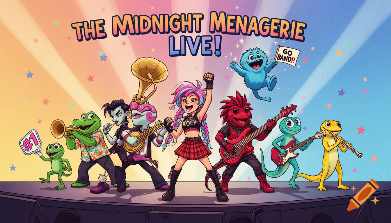 A vibrant 2D cartoon of the band "The Midnight Menagerie Live!" on stage, featuring a girl singer and anthropomorphic animals playing instruments.