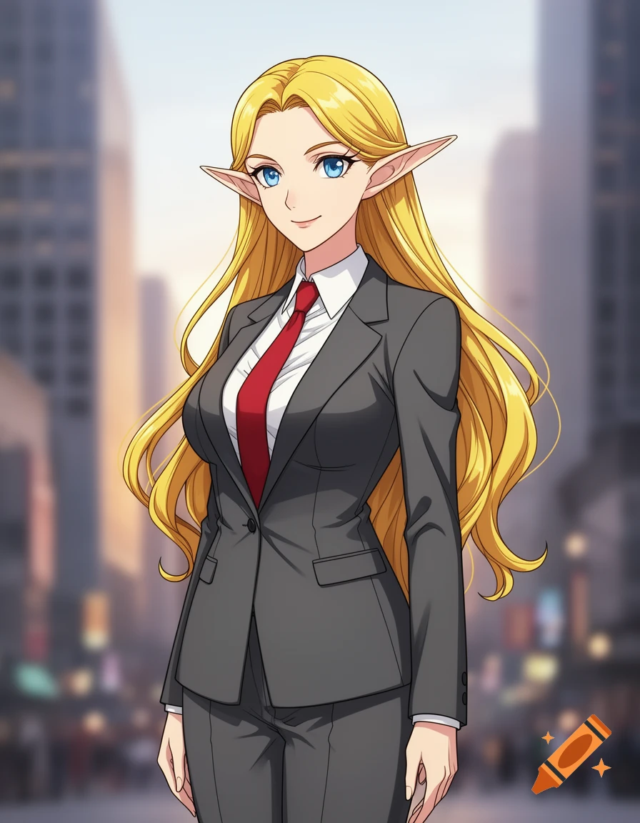 An anime elf woman with long yellow hair and blue eyes, wearing a dark business suit and red tie, stands against a blurry city background.
