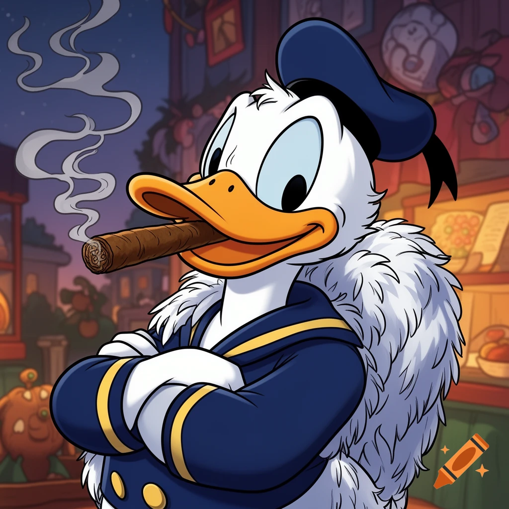 Cartoon Donald Duck in a sailor suit with a white fur collar, arms crossed, smoking a cigar, with smoke rising, set against a blurred background.