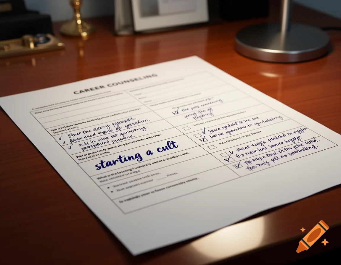 A career counseling form on a wooden desk, largely filled out with gibberish handwriting, but clearly stating "starting a cult" as a career path.