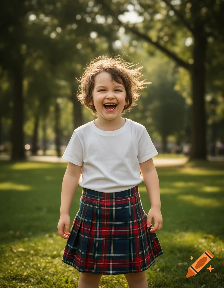 A happy child with curly brown hair laughs, wearing a white t-shirt and plaid skirt in a sunny park.