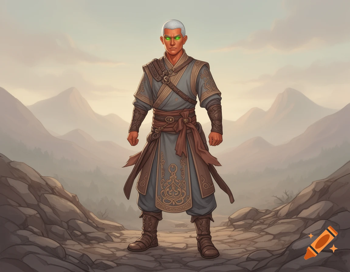 A D&D monk with copper skin, green eyes, and silver hair, in a traveler's outfit, stands on a rocky mountain path. Illustration.