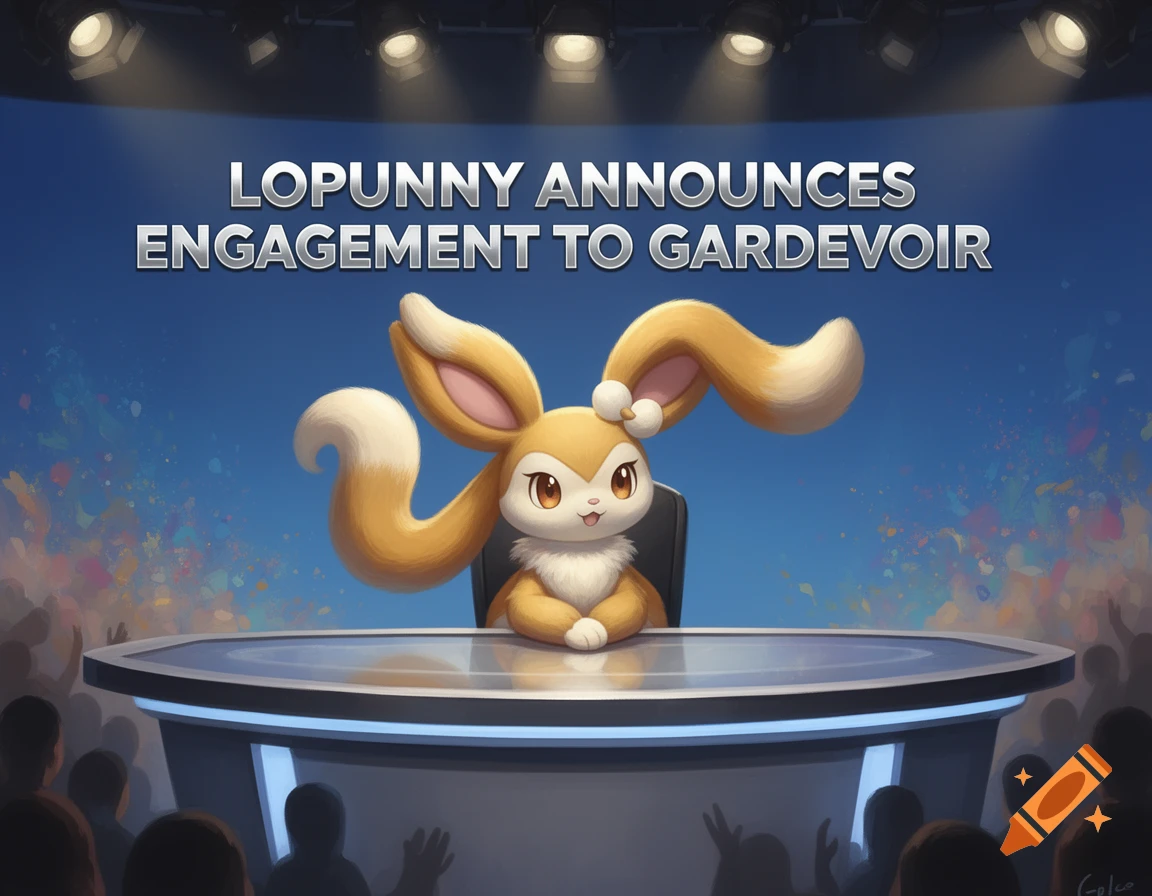 A painterly illustration of the Pokemon Lopunny sitting at a news desk, under a graphic that reads 'Lopunny Announces Engagement to Gardevoir'. A crowd is visible in the foreground.