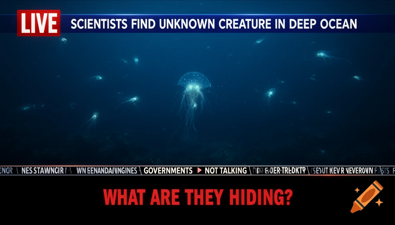 A news broadcast showing a glowing jellyfish and other bioluminescent creatures in the deep ocean, with headlines about an unknown creature and a conspiracy theory.