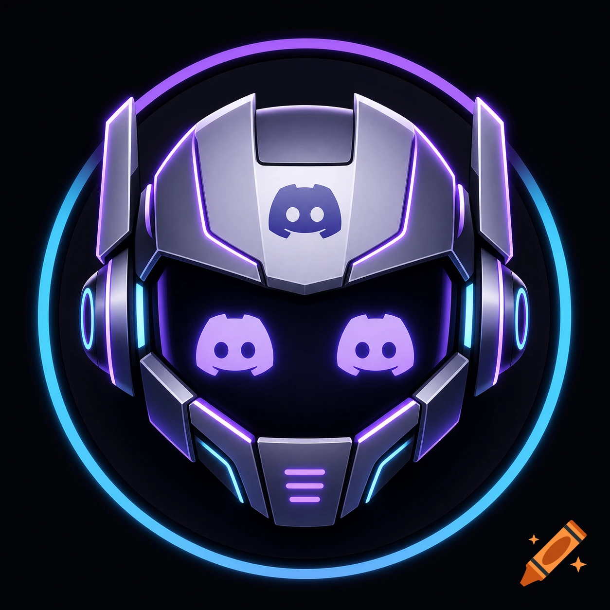 Sleek futuristic robot head icon with glowing purple and cyan neon lights and Discord logos as eyes and on the forehead, on a dark background.