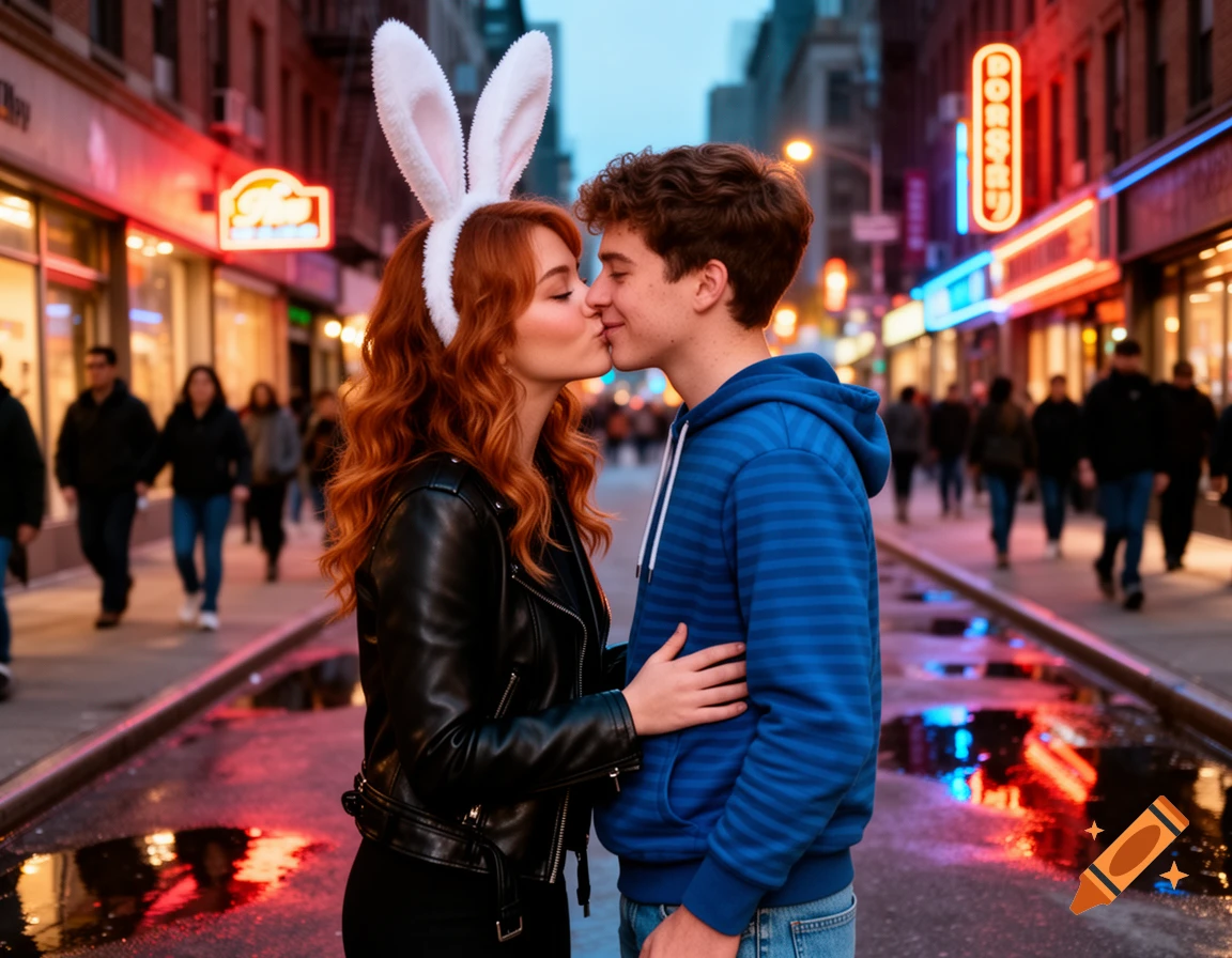 A young woman with red hair and bunny ears kisses a young man on a neon-lit city street at dusk.