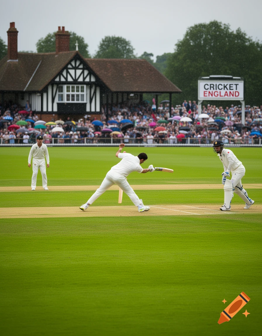 A cricket match in progress on a green field with three players in white uniforms, an old building, and a crowd with umbrellas in the background. A sign reads "CRICKET ENGLAND".